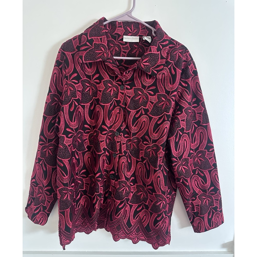Draper's Damons Jacket XL Red Black Embroidered Floral Paisley Button Scalloped